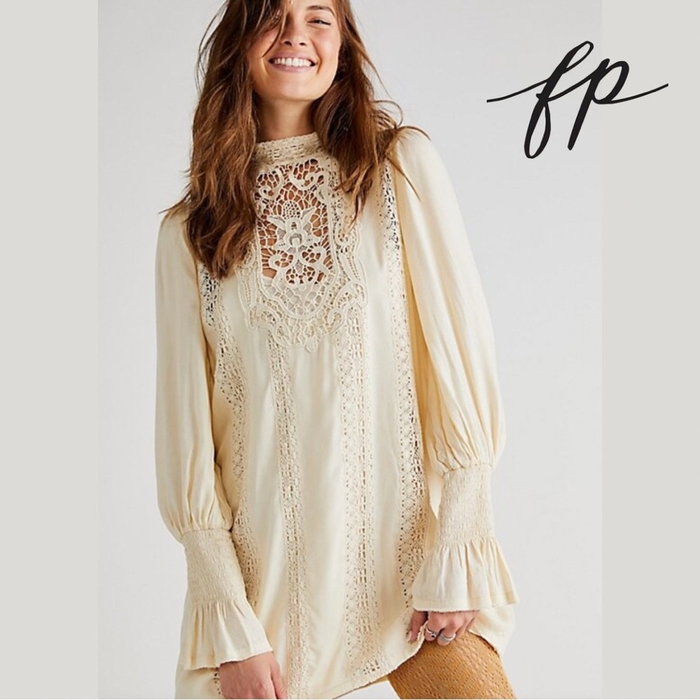 Free People Cream Lace-Inset Mini Dress